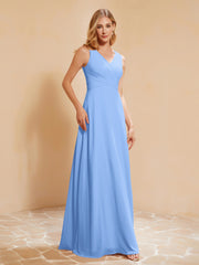 Robe de Demoiselle d'Honneur Empire Sans Manches avec Nœud Papillon Bleu