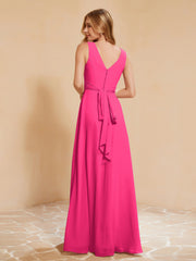 Robe de Demoiselle d'Honneur Empire Sans Manches avec Nœud Papillon Fuchsia Grande Taille