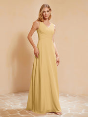 Robe de Demoiselle d'Honneur Empire Sans Manches avec Nœud Papillon Or