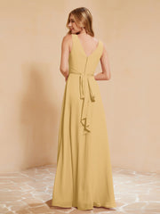Robe de Demoiselle d'Honneur Empire Sans Manches avec Nœud Papillon Or Grande Taille