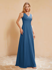 Robe de Demoiselle d'Honneur Empire Sans Manches avec Nœud Papillon Bleu Encre