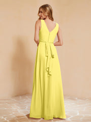 Robe de Demoiselle d'Honneur Empire Sans Manches avec Nœud Papillon Citron
