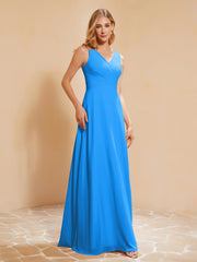 Robe de Demoiselle d'Honneur Empire Sans Manches avec Nœud Papillon Bleu Océan