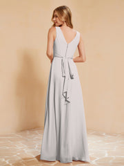 Robe de Demoiselle d'Honneur Empire Sans Manches avec Nœud Papillon Argent Grande Taille