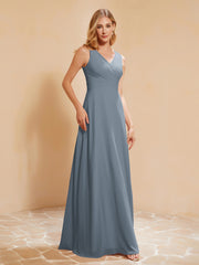 Robe de Demoiselle d'Honneur Empire Sans Manches avec Nœud Papillon Bleu de Schiste