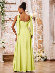 Robe en Mousseline à Col Carré et Bretelles à Doubles Nœuds avec Fente Jonquille