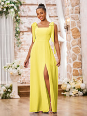 Robe en Mousseline à Col Carré et Bretelles à Doubles Nœuds avec Fente Citron