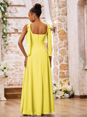 Robe en Mousseline à Col Carré et Bretelles à Doubles Nœuds avec Fente Citron