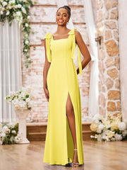 Robe en Mousseline à Col Carré et Bretelles à Doubles Nœuds avec Fente Citron