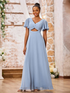 Maxi Robe Trapèze en Mousseline à Col en V avec Mancherons Bleu Poudré