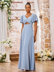 Maxi Robe Trapèze en Mousseline à Col en V avec Mancherons Bleu Poudré