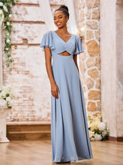 Maxi Robe Trapèze en Mousseline à Col en V avec Mancherons Bleu Poudré