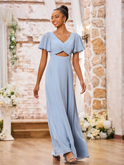 Maxi Robe Trapèze en Mousseline à Col en V avec Mancherons Bleu Poudré