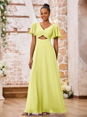 Maxi Robe Trapèze en Mousseline à Col en V avec Mancherons Jonquille