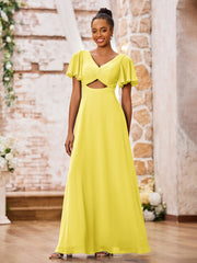 Maxi Robe Trapèze en Mousseline à Col en V avec Mancherons Citron
