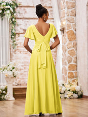 Maxi Robe Trapèze en Mousseline à Col en V avec Mancherons Citron