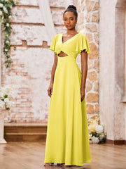 Maxi Robe Trapèze en Mousseline à Col en V avec Mancherons Citron