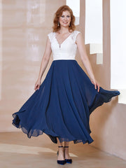 Robe en Mousseline Longueur de Mollet à Col en V avec Poches Bleu Marine Grande Taille