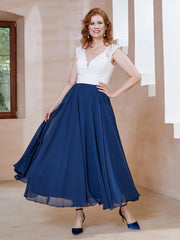 Robe en Mousseline Longueur de Mollet à Col en V avec Poches Bleu Marine