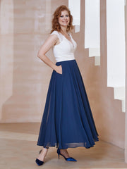 Robe en Mousseline Longueur de Mollet à Col en V avec Poches Bleu Marine