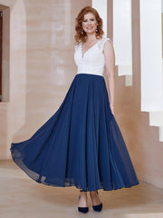 Robe en Mousseline Longueur de Mollet à Col en V avec Poches Bleu Marine