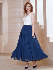 Robe en Mousseline Longueur de Mollet à Col en V avec Poches Bleu Marine