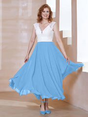 Robe en Mousseline Longueur de Mollet à Col en V avec Poches Bleu Grande Taille
