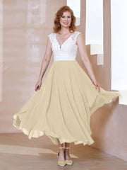 Robe en Mousseline Longueur de Mollet à Col en V avec Poches Champagne Grande Taille
