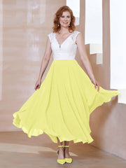 Robe en Mousseline Longueur de Mollet à Col en V avec Poches Jonquille Grande Taille
