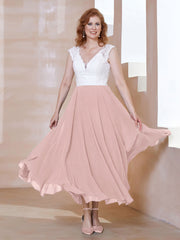 Robe en Mousseline Longueur de Mollet à Col en V avec Poches Rose Poudré Grande Taille
