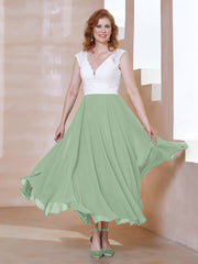 Robe en Mousseline Longueur de Mollet à Col en V avec Poches Sauge Poudrée
