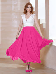 Robe en Mousseline Longueur de Mollet à Col en V avec Poches Fuchsia Grande Taille