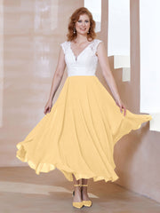 Robe en Mousseline Longueur de Mollet à Col en V avec Poches Or