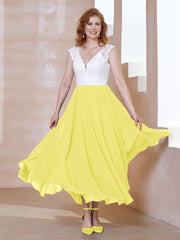 Robe en Mousseline Longueur de Mollet à Col en V avec Poches Citron