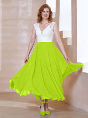 Robe en Mousseline Longueur de Mollet à Col en V avec Poches Vert Citron Grande Taille