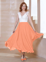 Robe en Mousseline Longueur de Mollet à Col en V avec Poches Papaye