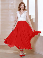 Robe en Mousseline Longueur de Mollet à Col en V avec Poches Rouge Grande Taille