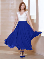 Robe en Mousseline Longueur de Mollet à Col en V avec Poches Bleu Royale