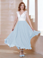 Robe en Mousseline Longueur de Mollet à Col en V avec Poches Bleu Ciel Grande Taille