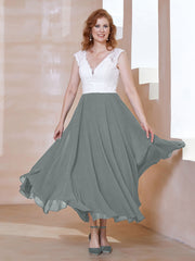 Robe en Mousseline Longueur de Mollet à Col en V avec Poches Gris Acier Grande Taille