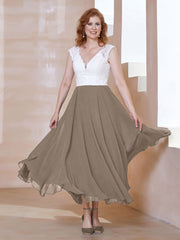 Robe en Mousseline Longueur de Mollet à Col en V avec Poches Taupe Grande Taille