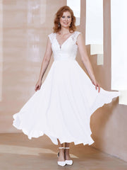 Robe en Mousseline Longueur de Mollet à Col en V avec Poches Blanc Grande Taille