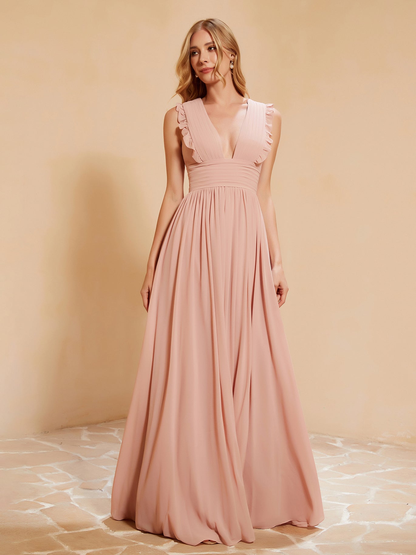 Maxi Robe Sans Manches avec Décolleté en V Plongeant Rose Poudré