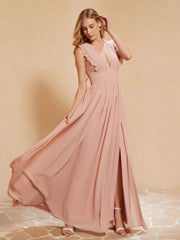 Maxi Robe Sans Manches avec Décolleté en V Plongeant Rose Poudré