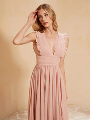 Maxi Robe Sans Manches avec Décolleté en V Plongeant Rose Poudré