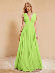 Maxi Robe Sans Manches avec Décolleté en V Plongeant Vert Citron