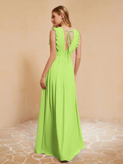 Maxi Robe Sans Manches avec Décolleté en V Plongeant Vert Citron