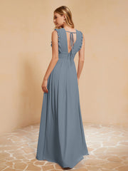 Maxi Robe Sans Manches avec Décolleté en V Plongeant Bleu de Schiste