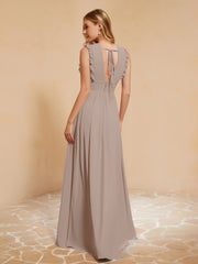 Maxi Robe Sans Manches avec Décolleté en V Plongeant Taupe