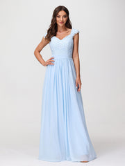 Robes Longue Mousseline avec Bustier Appliquée en Dentelle Bleu Ciel